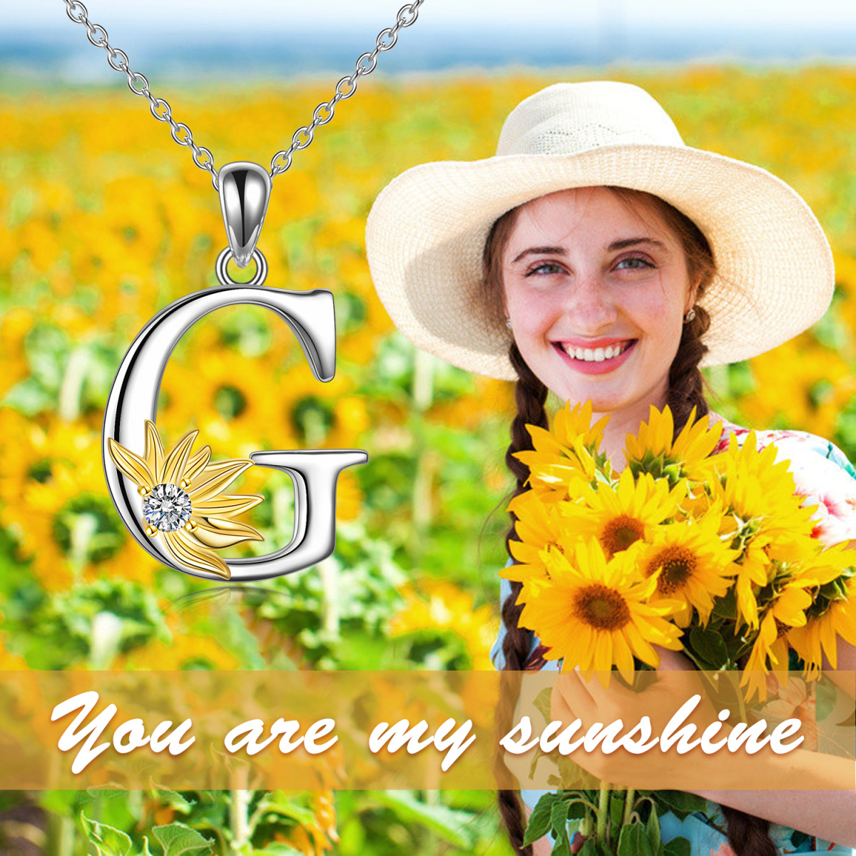 Sterling Silver Two-Tone Circular Cubic Zirconia Personalized Initial Letter G Sunflower Pendant Necklace For Women-6