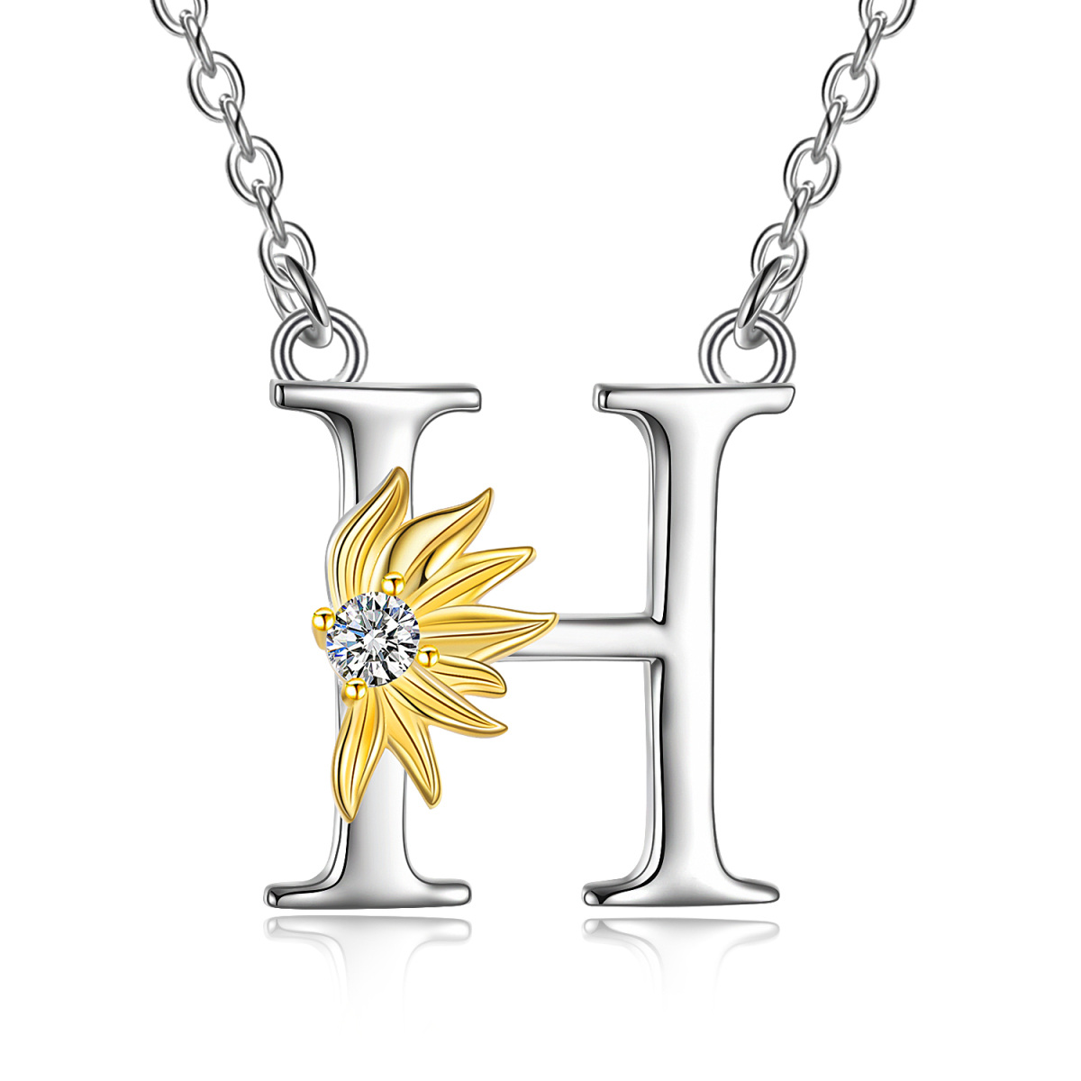 Sterling Silver Two-tone Circular Shaped Cubic Zirconia & Personalized Initial Letter Sunflower Pendant Necklace with Initial Letter H-1