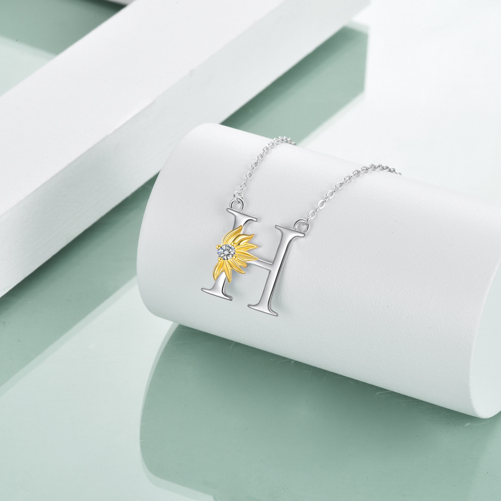 Sterling Silver Two-Tone Circular Cubic Zirconia Personalized Initial Letter H Sunflower Pendant Necklace For Women-3