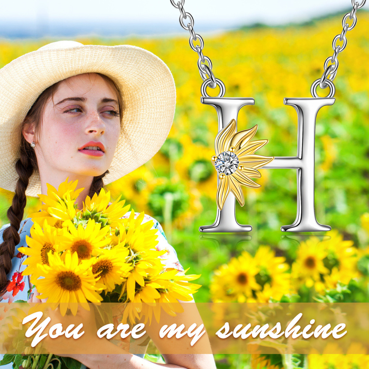 Sterling Silver Two-tone Circular Shaped Cubic Zirconia & Personalized Initial Letter Sunflower Pendant Necklace with Initial Letter H-6