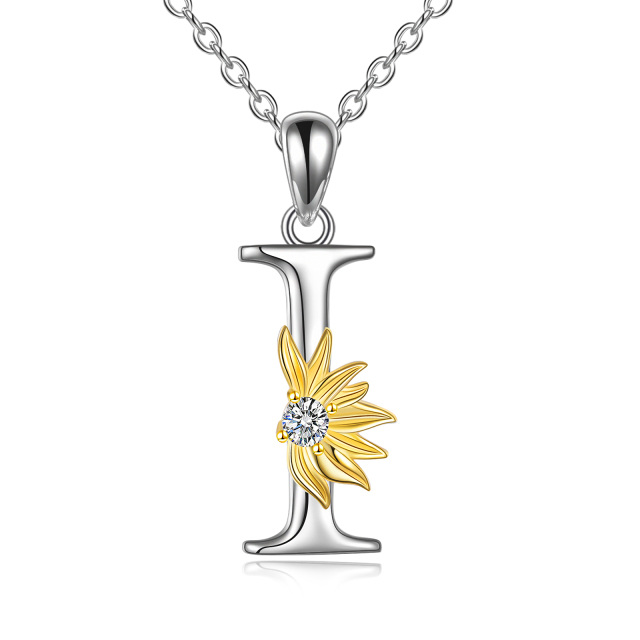 Sterling Silver Two-tone Circular Shaped Cubic Zirconia & Personalized Initial Letter Sunflower Pendant Necklace with Initial Letter I-1