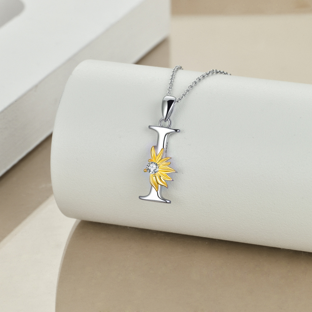 Sterling Silver Two-Tone Circular Cubic Zirconia Personalized Initial Letter I Sunflower Pendant Necklace For Women-3