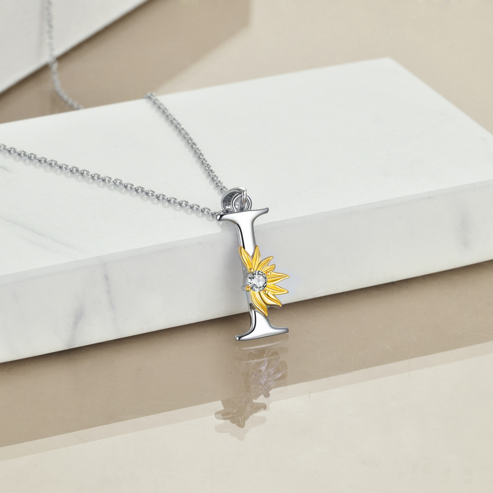 Sterling Silver Two-Tone Circular Cubic Zirconia Personalized Initial Letter I Sunflower Pendant Necklace For Women-4