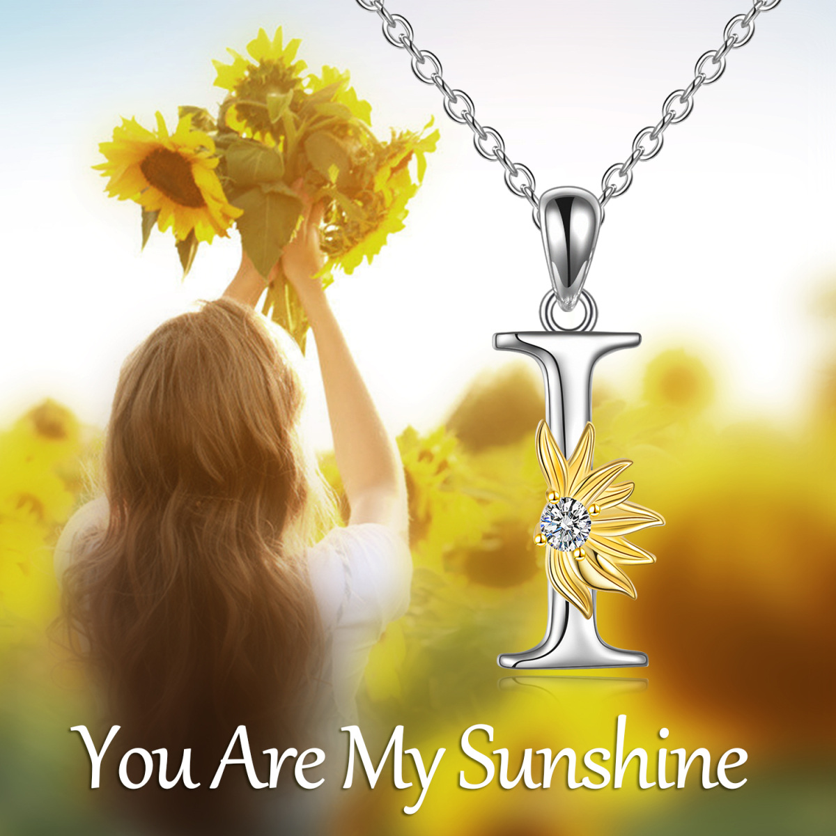 Sterling Silver Two-tone Circular Shaped Cubic Zirconia & Personalized Initial Letter Sunflower Pendant Necklace with Initial Letter I-6