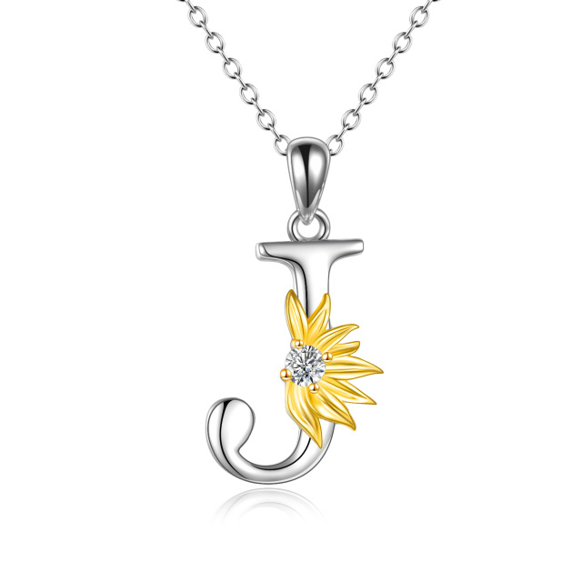 Sterling Silver Two-tone Circular Shaped Cubic Zirconia & Personalized Initial Letter Sunflower Pendant Necklace with Initial Letter J-1