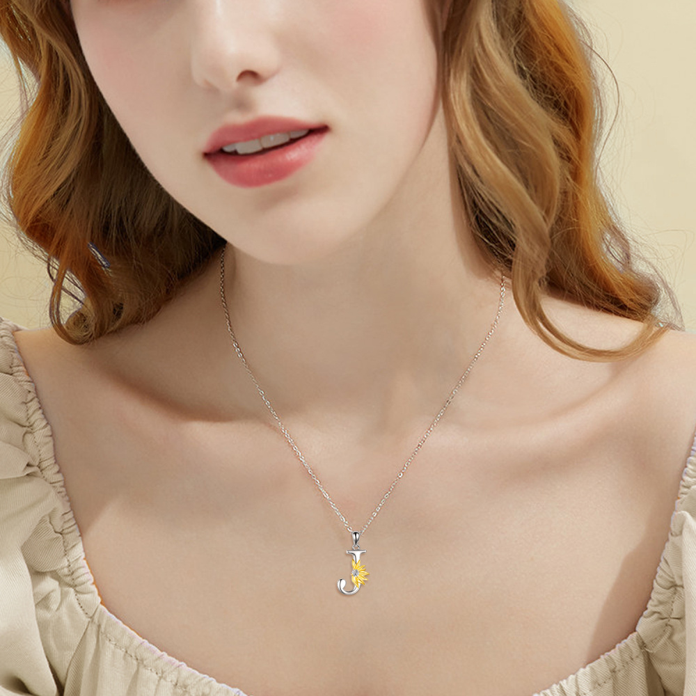 Sterling Silver Two-Tone Circular Cubic Zirconia Personalized Initial Letter J Sunflower Pendant Necklace For Women-2
