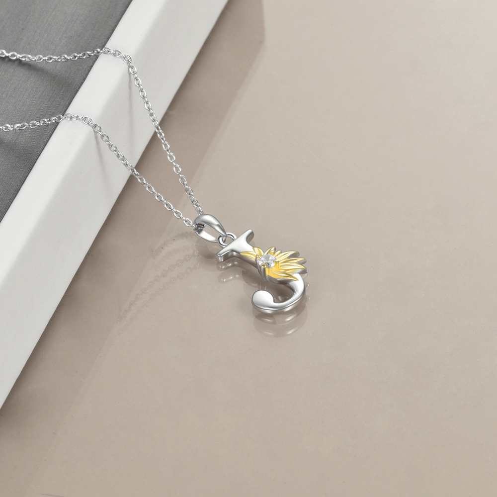 Sterling Silver Two-Tone Circular Cubic Zirconia Personalized Initial Letter J Sunflower Pendant Necklace For Women-3
