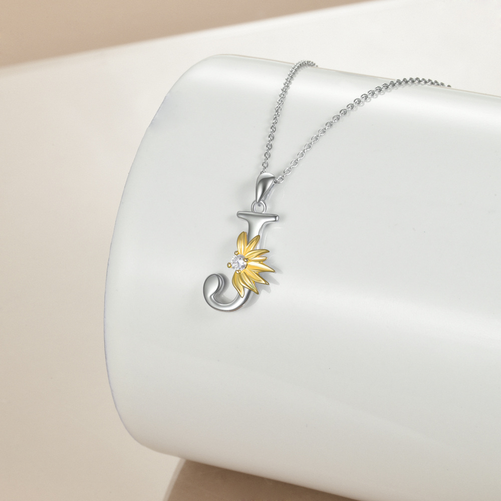 Sterling Silver Two-Tone Circular Cubic Zirconia Personalized Initial Letter J Sunflower Pendant Necklace For Women-4