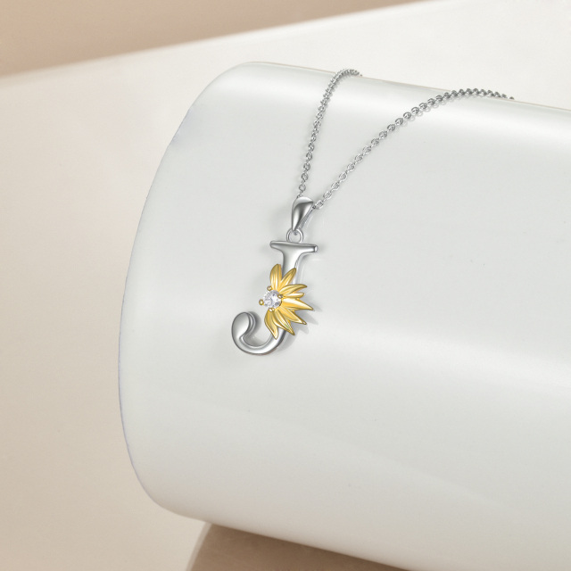 Sterling Silver Two-tone Circular Shaped Cubic Zirconia & Personalized Initial Letter Sunflower Pendant Necklace with Initial Letter J-4