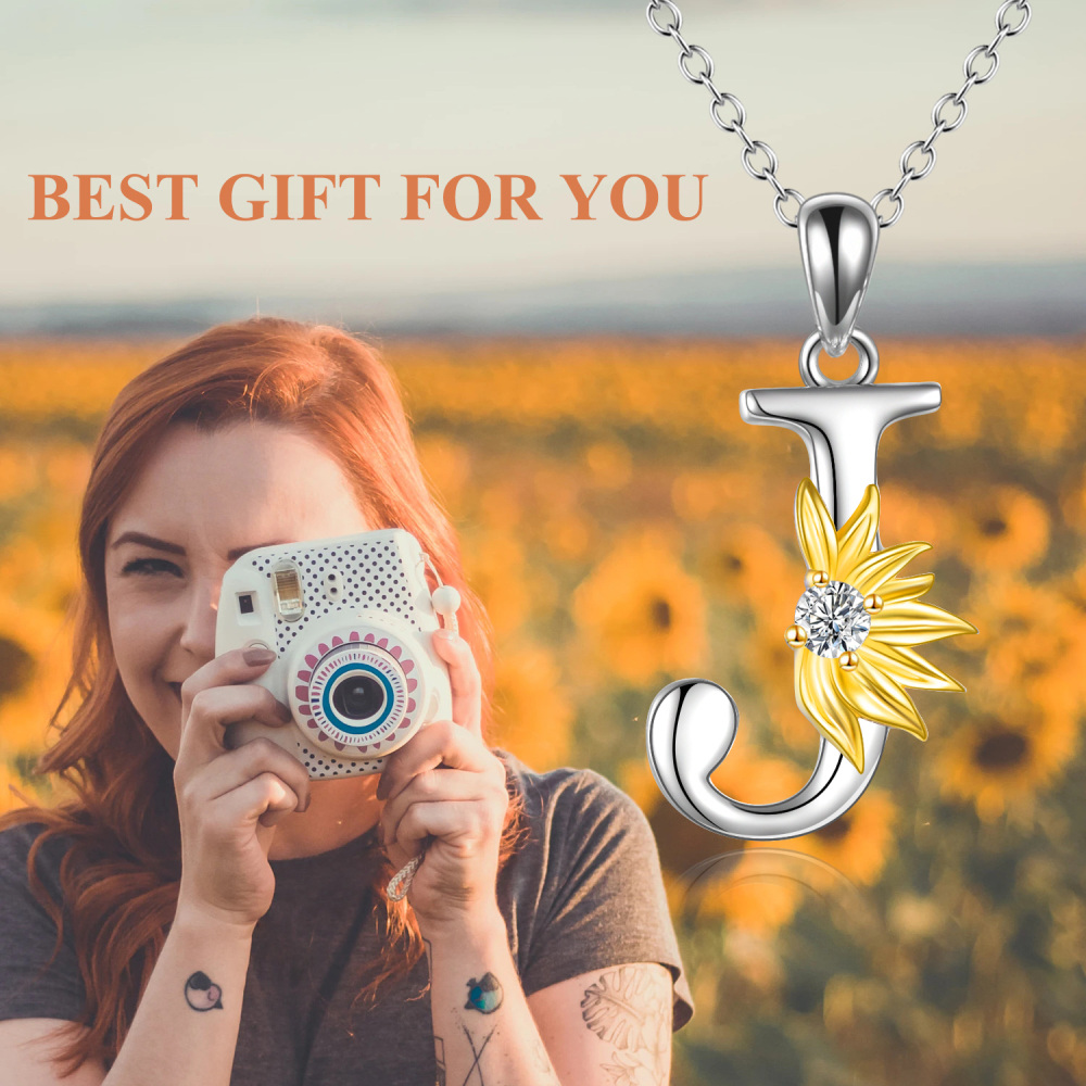 Sterling Silver Two-Tone Circular Cubic Zirconia Personalized Initial Letter J Sunflower Pendant Necklace For Women-6