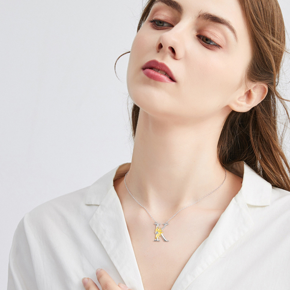 Sterling Silver Two-Tone Circular Cubic Zirconia Personalized Initial Letter K Sunflower Pendant Necklace For Women-2