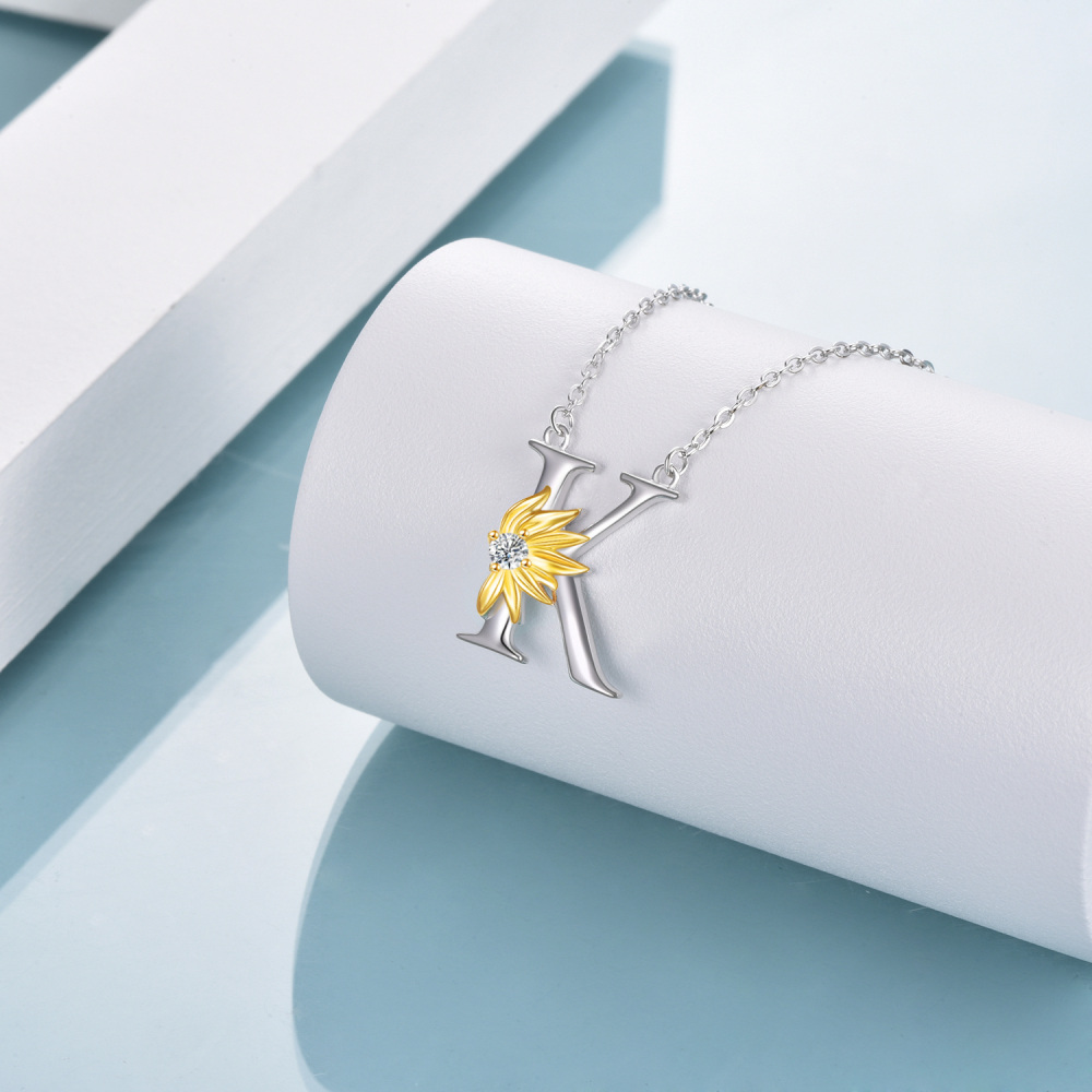 Sterling Silver Two-Tone Circular Cubic Zirconia Personalized Initial Letter K Sunflower Pendant Necklace For Women-3