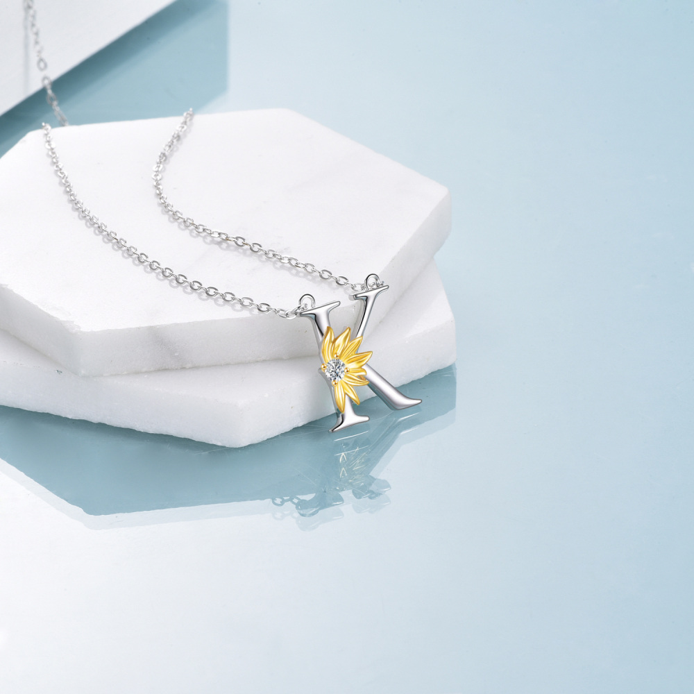 Sterling Silver Two-Tone Circular Cubic Zirconia Personalized Initial Letter K Sunflower Pendant Necklace For Women-4