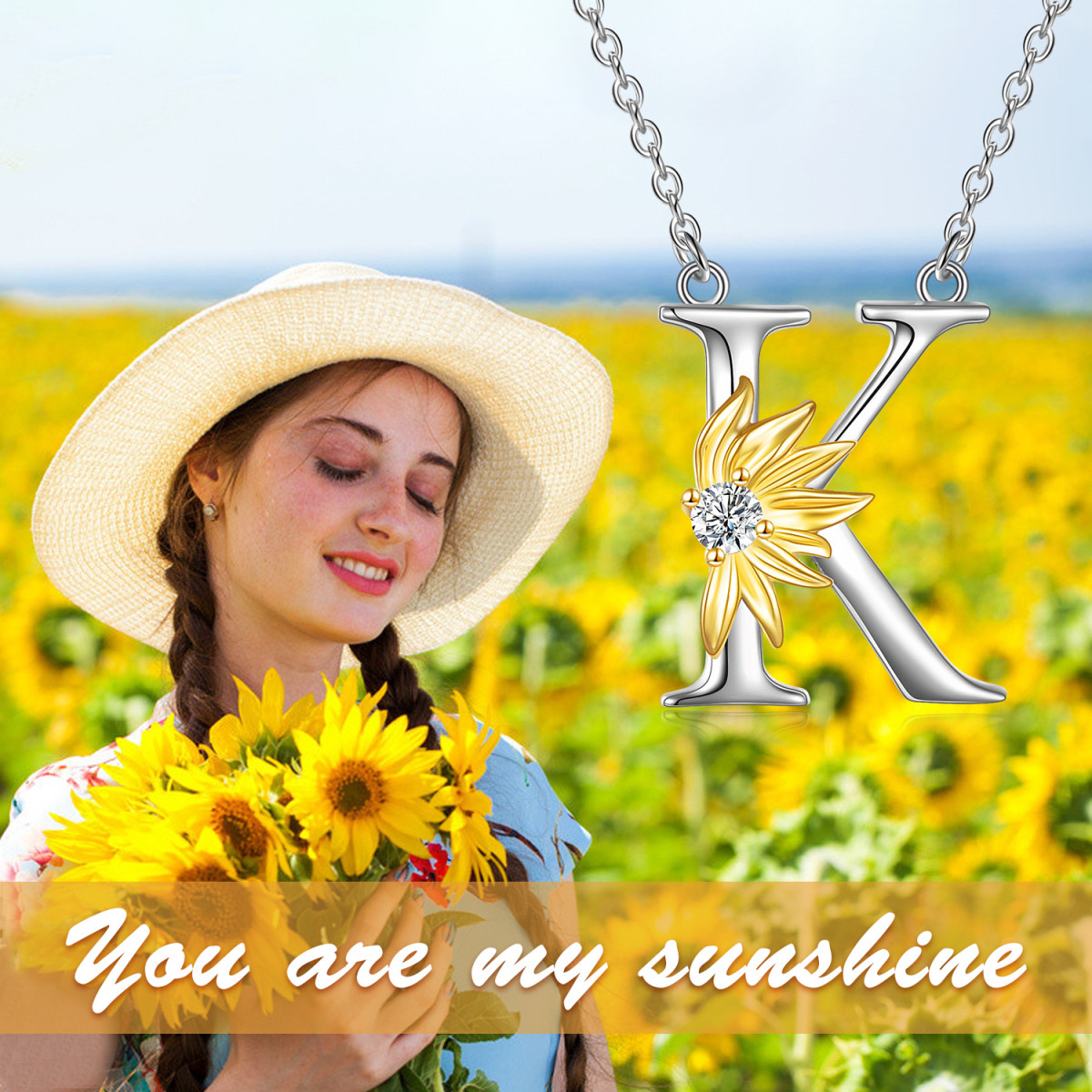 Sterling Silver Two-tone Circular Shaped Cubic Zirconia & Personalized Initial Letter Sunflower Pendant Necklace with Initial Letter K-6