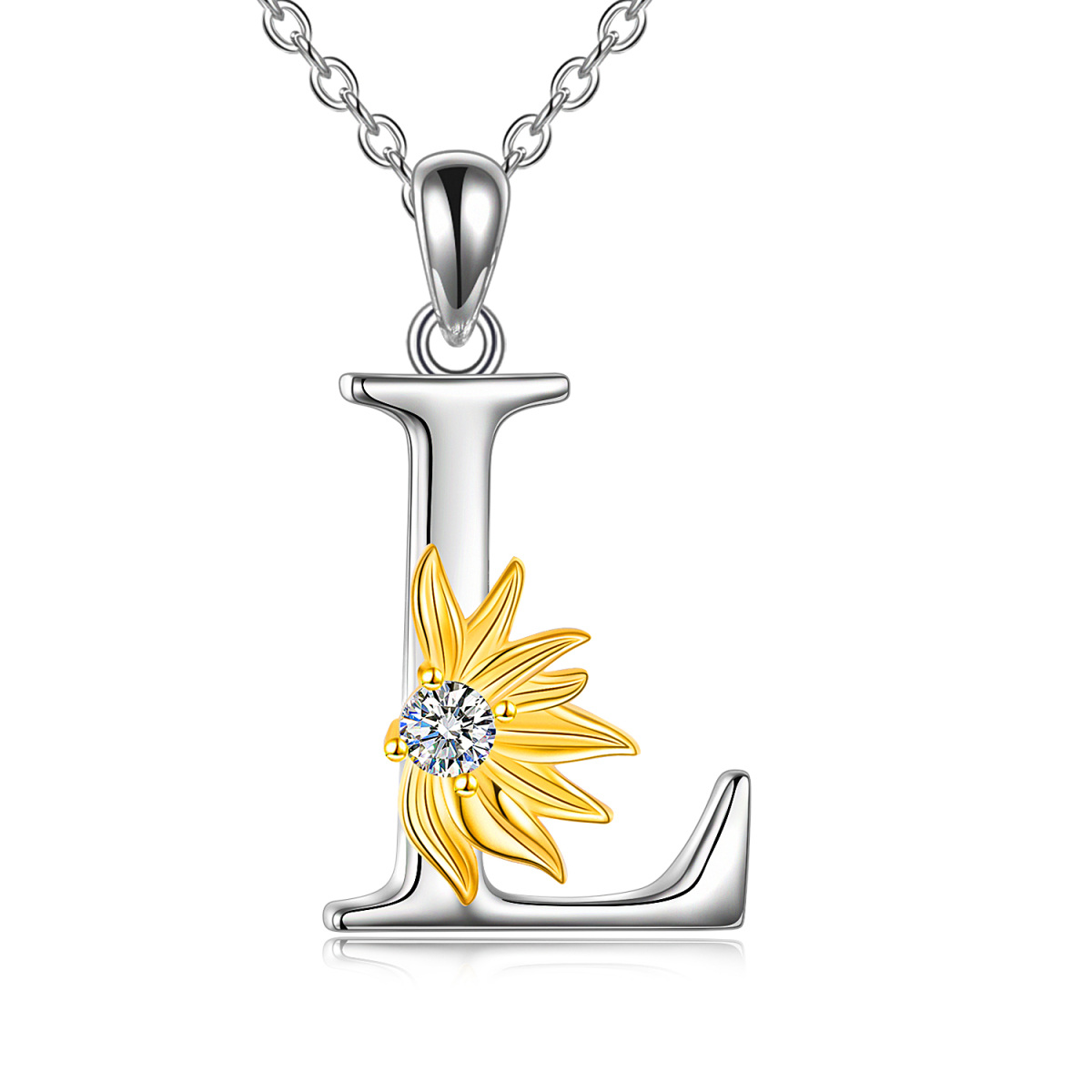 Sterling Silver Two-tone Circular Shaped Cubic Zirconia & Personalized Initial Letter Sunflower Pendant Necklace with Initial Letter L-1