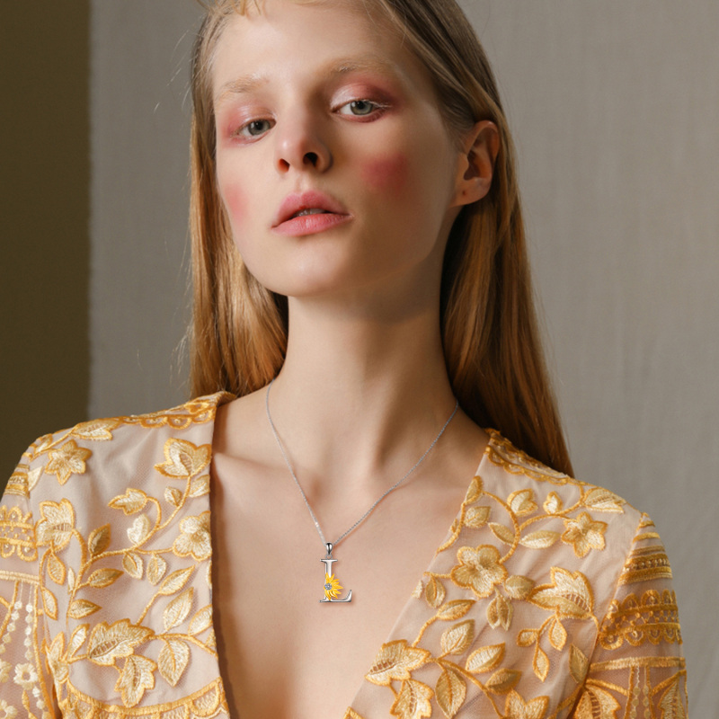 Sterling Silver Two-Tone Circular Cubic Zirconia Personalized Initial Letter L Sunflower Pendant Necklace For Women-2