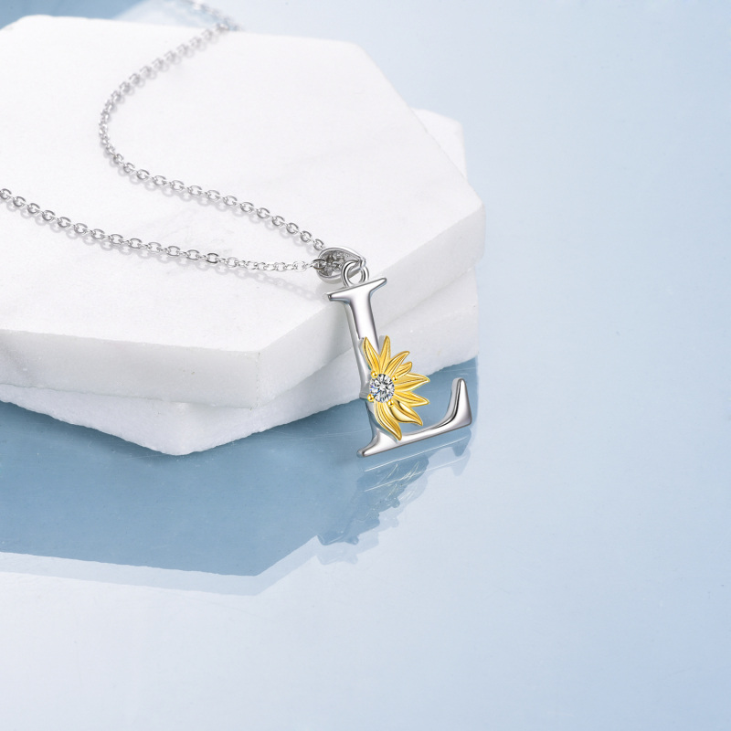 Sterling Silver Two-Tone Circular Cubic Zirconia Personalized Initial Letter L Sunflower Pendant Necklace For Women-4