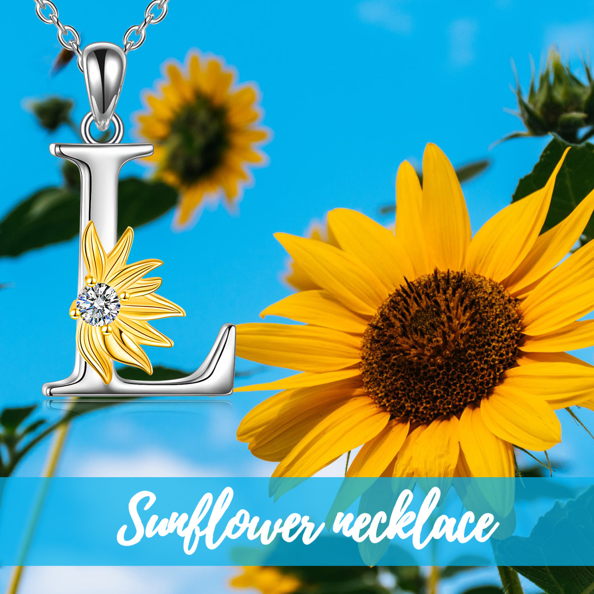 Sterling Silver Two-tone Circular Shaped Cubic Zirconia & Personalized Initial Letter Sunflower Pendant Necklace with Initial Letter L-6