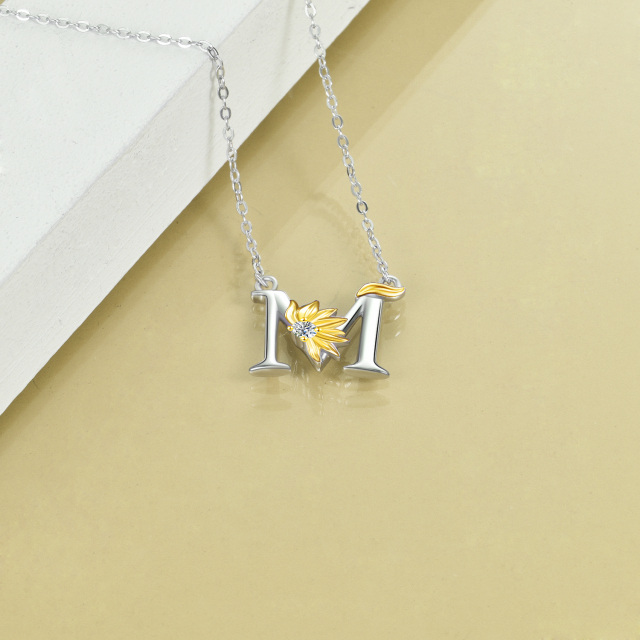 Sterling Silver Two-tone Circular Shaped Cubic Zirconia & Personalized Initial Letter Sunflower Pendant Necklace with Initial Letter M-4