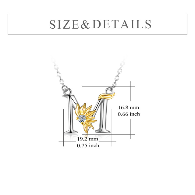 Sterling Silver Two-tone Circular Shaped Cubic Zirconia & Personalized Initial Letter Sunflower Pendant Necklace with Initial Letter M-5