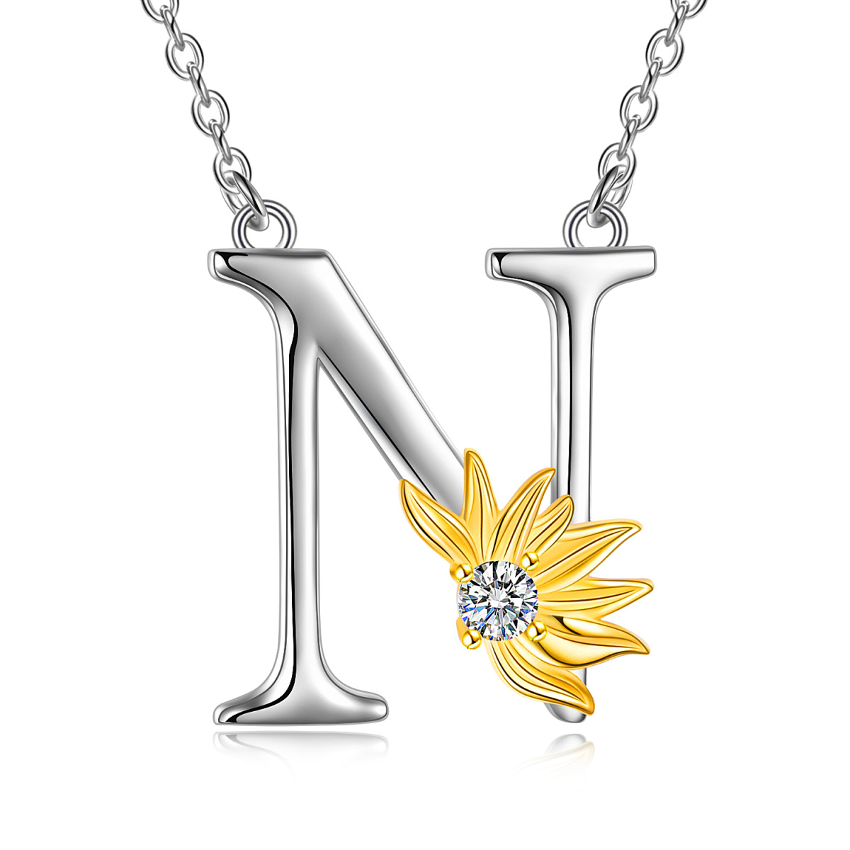 Sterling Silver Two-tone Circular Shaped Cubic Zirconia & Personalized Initial Letter Sunflower Pendant Necklace with Initial Letter N-1