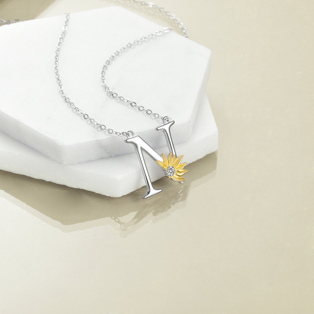 Sterling Silver Two-Tone Circular Cubic Zirconia Personalized Initial Letter N Sunflower Pendant Necklace For Women-3
