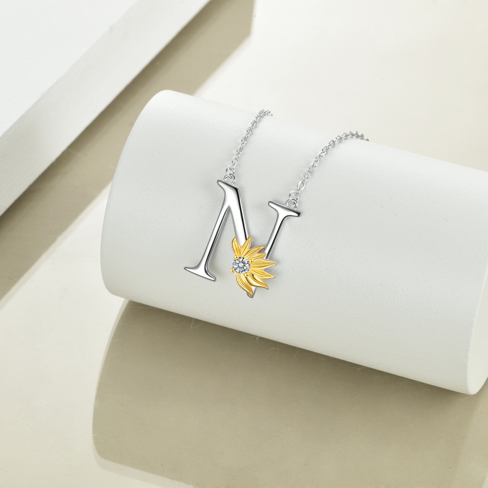 Sterling Silver Two-Tone Circular Cubic Zirconia Personalized Initial Letter N Sunflower Pendant Necklace For Women-4