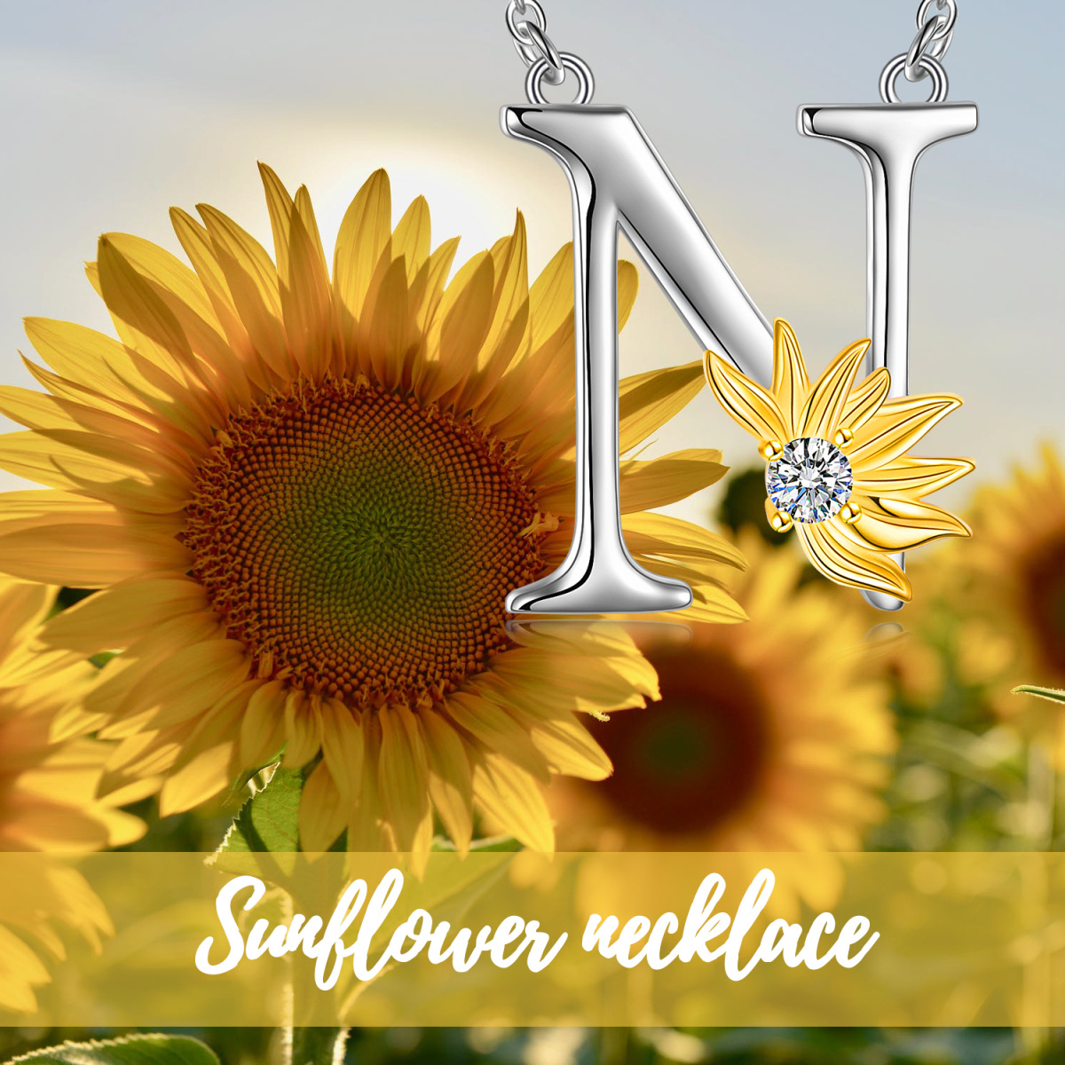 Sterling Silver Two-tone Circular Shaped Cubic Zirconia & Personalized Initial Letter Sunflower Pendant Necklace with Initial Letter N-6