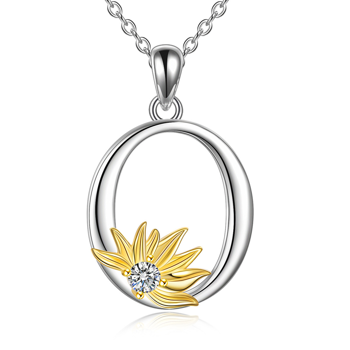 Sterling Silver Two-tone Circular Shaped Cubic Zirconia & Personalized Initial Letter Sunflower Pendant Necklace with Initial Letter Q-1