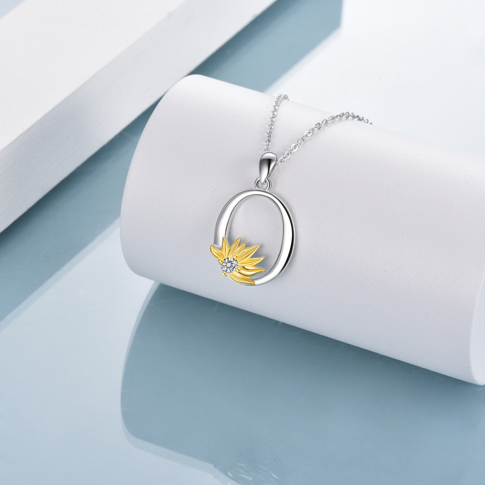 Sterling Silver Two-Tone Circular Cubic Zirconia Personalized Initial Letter O Sunflower Pendant Necklace For Women-2