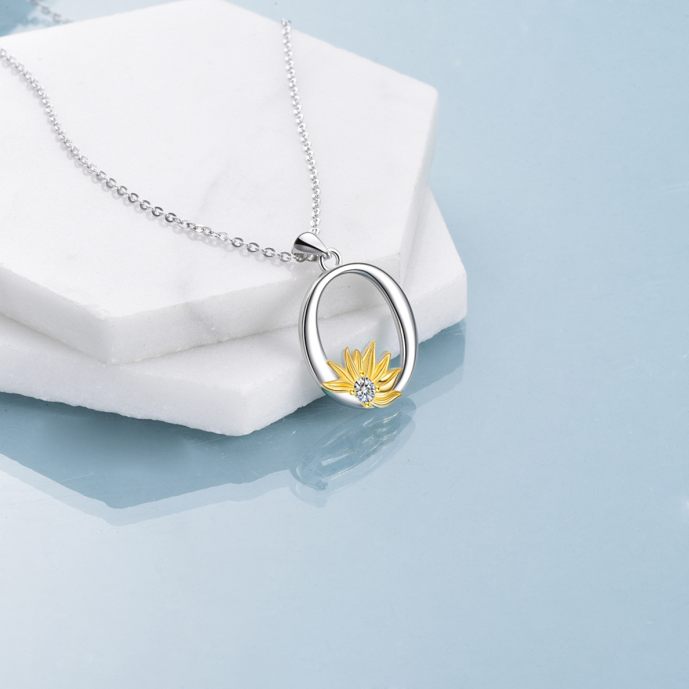 Sterling Silver Two-Tone Circular Cubic Zirconia Personalized Initial Letter O Sunflower Pendant Necklace For Women-3