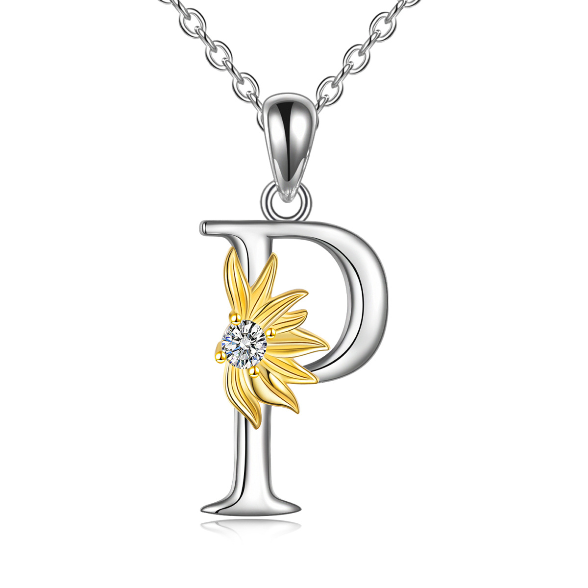 Sterling Silver Two-tone Circular Shaped Cubic Zirconia & Personalized Initial Letter Sunflower Pendant Necklace with Initial Letter P-1