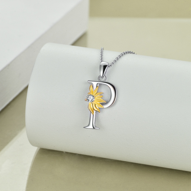 Sterling Silver Two-tone Circular Shaped Cubic Zirconia & Personalized Initial Letter Sunflower Pendant Necklace with Initial Letter P-3