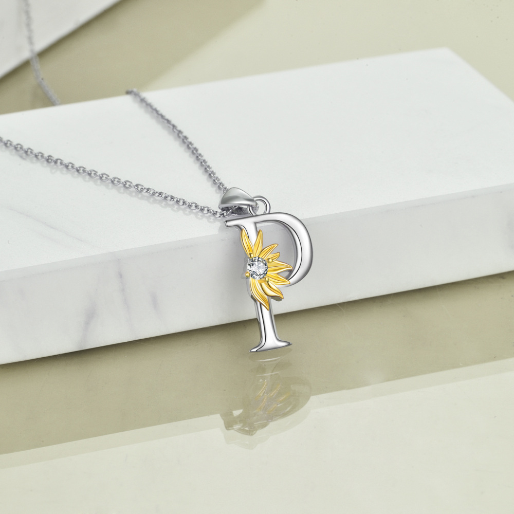 Sterling Silver Two-Tone Circular Cubic Zirconia Personalized Initial Letter P Sunflower Pendant Necklace For Women-4