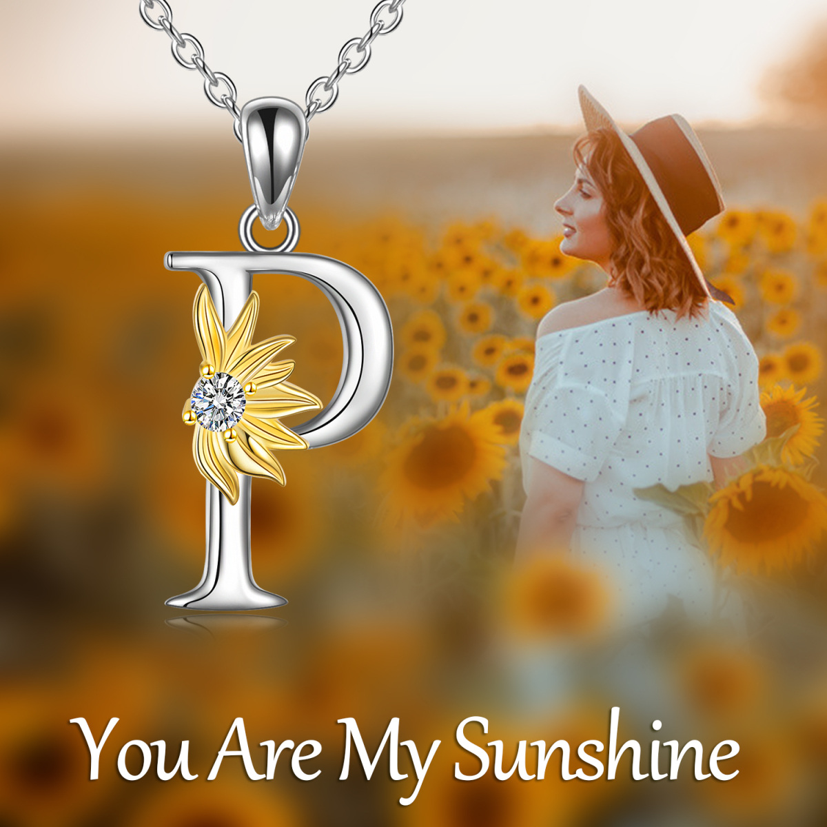 Sterling Silver Two-tone Circular Shaped Cubic Zirconia & Personalized Initial Letter Sunflower Pendant Necklace with Initial Letter P-6