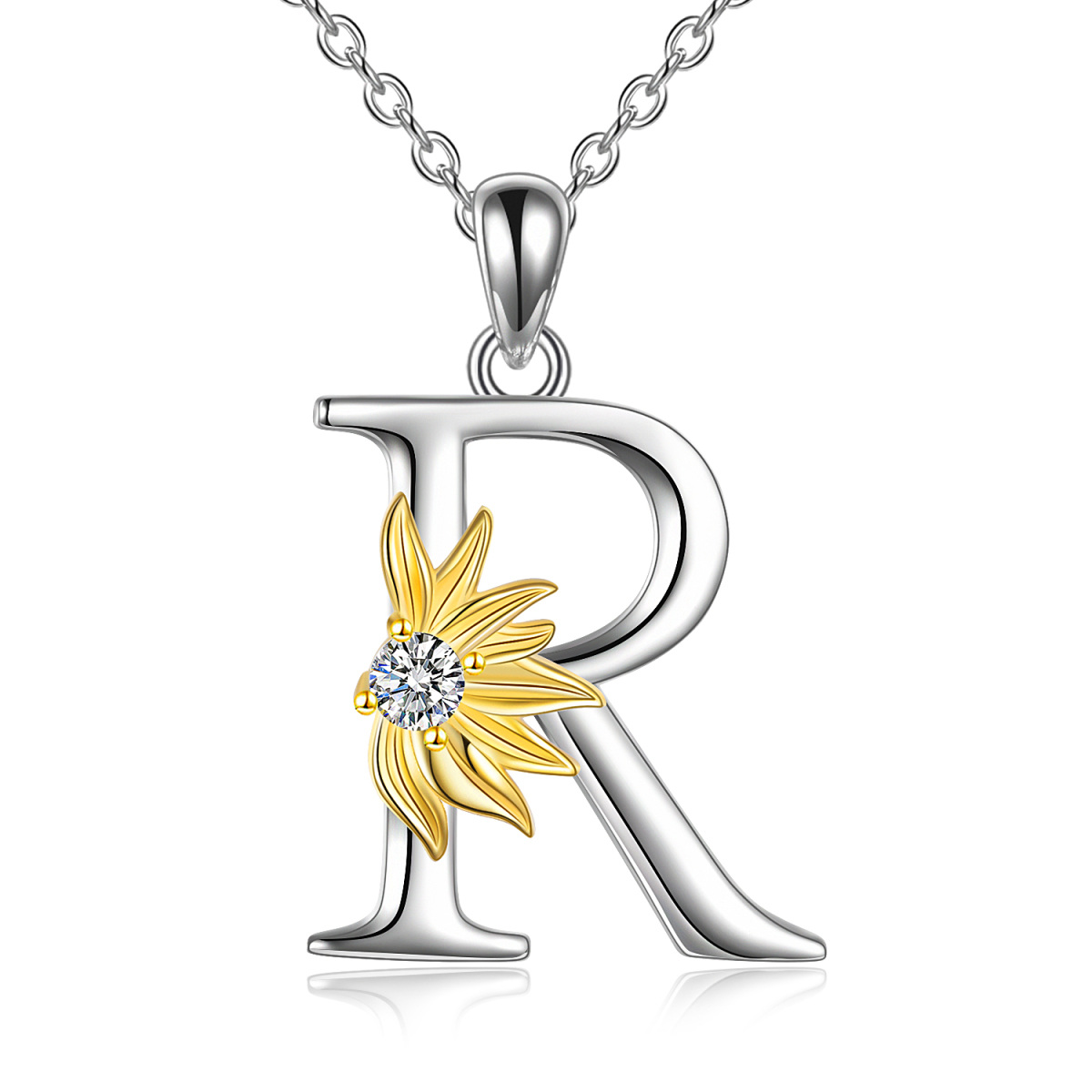 Sterling Silver Two-tone Circular Shaped Cubic Zirconia & Personalized Initial Letter Sunflower Pendant Necklace with Initial Letter R-1