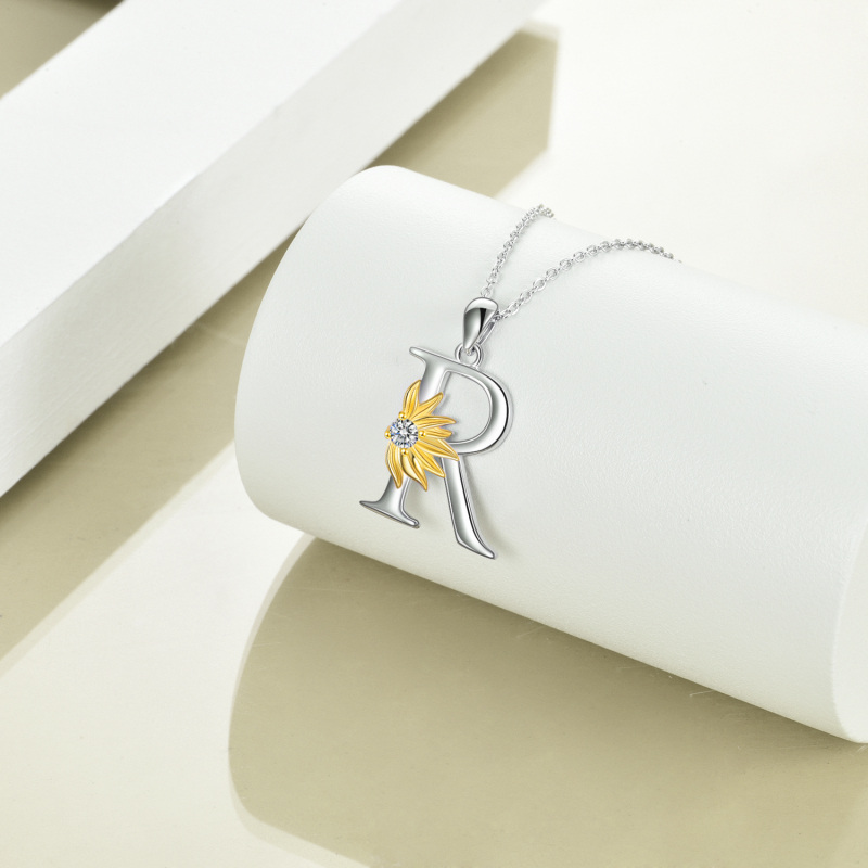 Sterling Silver Two-Tone Circular Cubic Zirconia Personalized Initial Letter R Sunflower Pendant Necklace For Women-3