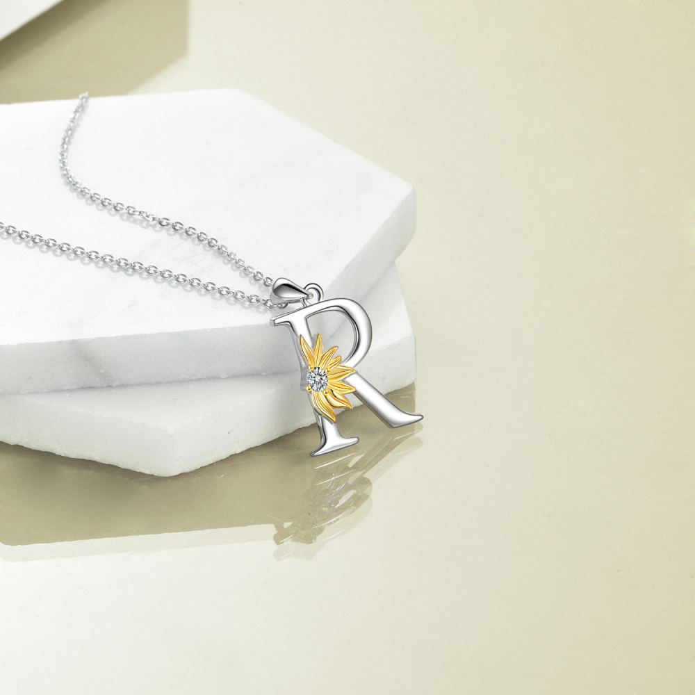 Sterling Silver Two-Tone Circular Cubic Zirconia Personalized Initial Letter R Sunflower Pendant Necklace For Women-4