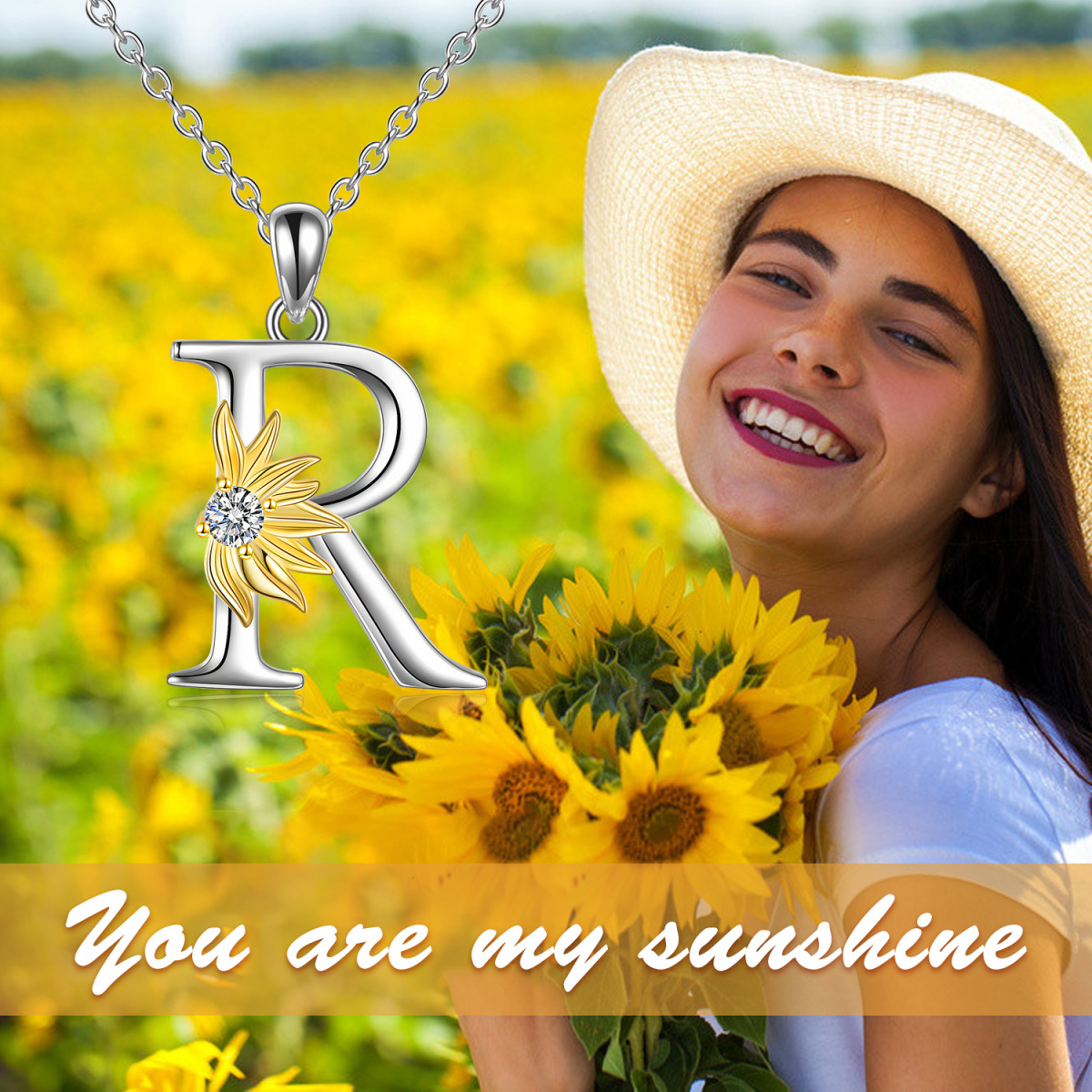 Sterling Silver Two-tone Circular Shaped Cubic Zirconia & Personalized Initial Letter Sunflower Pendant Necklace with Initial Letter R-6