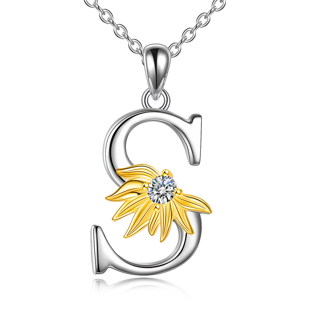 Sterling Silver Two-tone Circular Shaped Cubic Zirconia & Personalized Initial Letter Sunflower Pendant Necklace with Initial Letter S-1