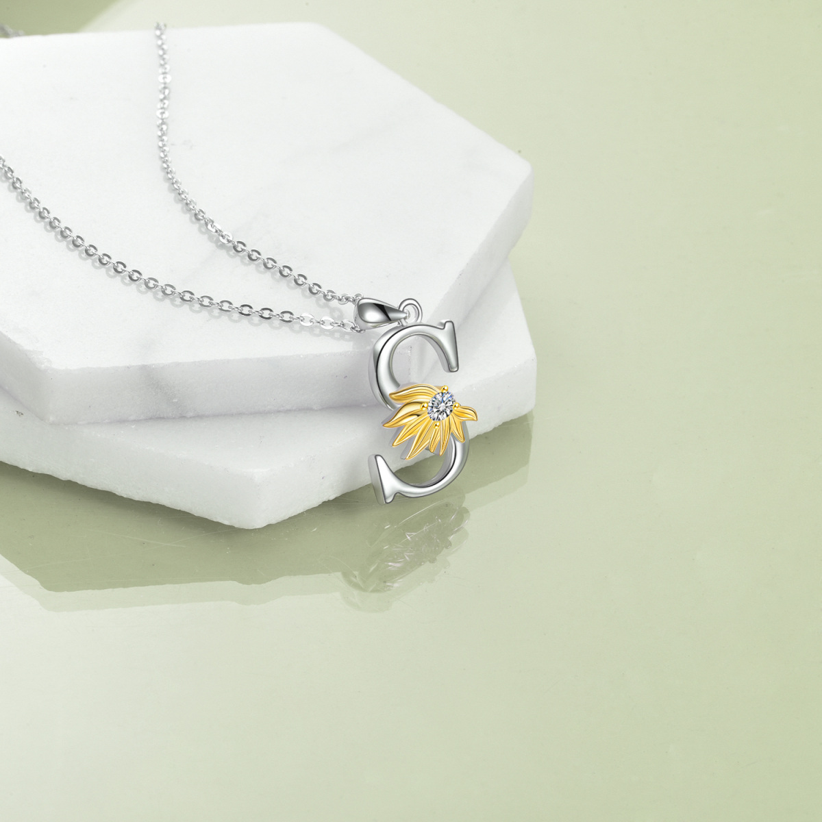 Sterling Silver Two-tone Circular Shaped Cubic Zirconia & Personalized Initial Letter Sunflower Pendant Necklace with Initial Letter S-3