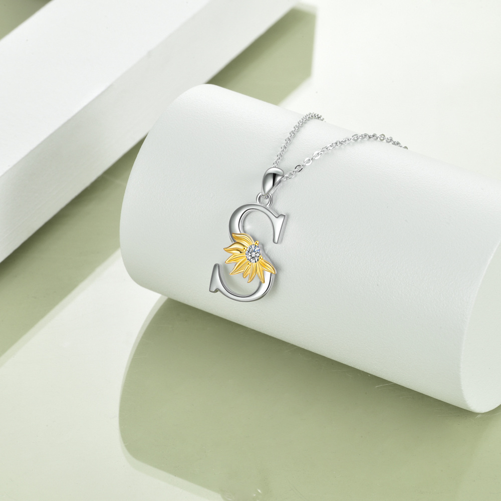 Sterling Silver Two-Tone Circular Cubic Zirconia Personalized Initial Letter S Sunflower Pendant Necklace For Women-4