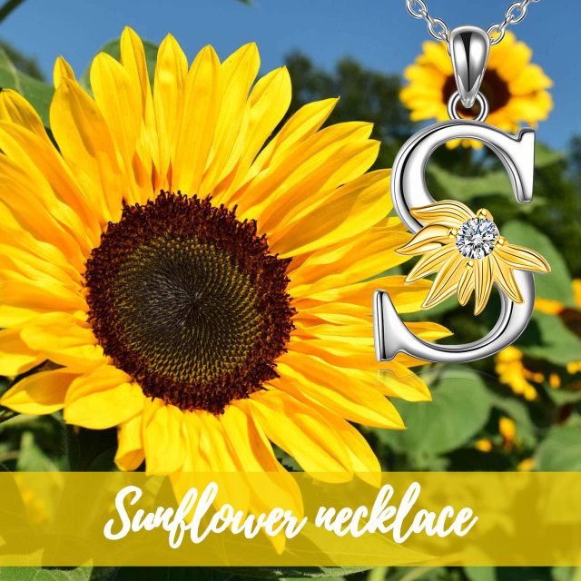 Sterling Silver Two-tone Circular Shaped Cubic Zirconia & Personalized Initial Letter Sunflower Pendant Necklace with Initial Letter S-6