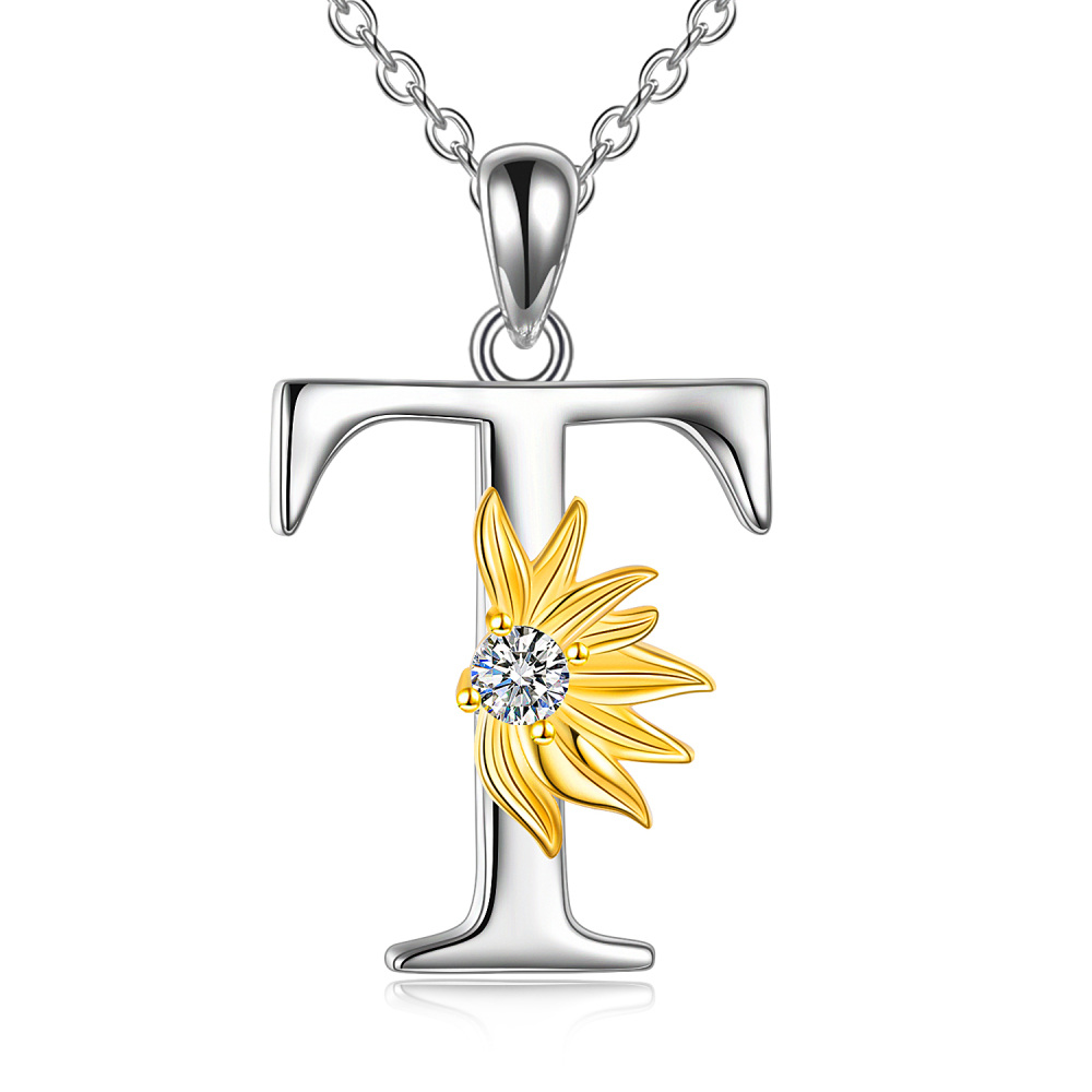 Sterling Silver Two-Tone Circular Cubic Zirconia Personalized Initial Letter T Sunflower Pendant Necklace For Women-1