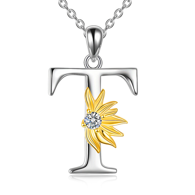 Sterling Silver Two-tone Circular Shaped Cubic Zirconia & Personalized Initial Letter Sunflower Pendant Necklace with Initial Letter T-1