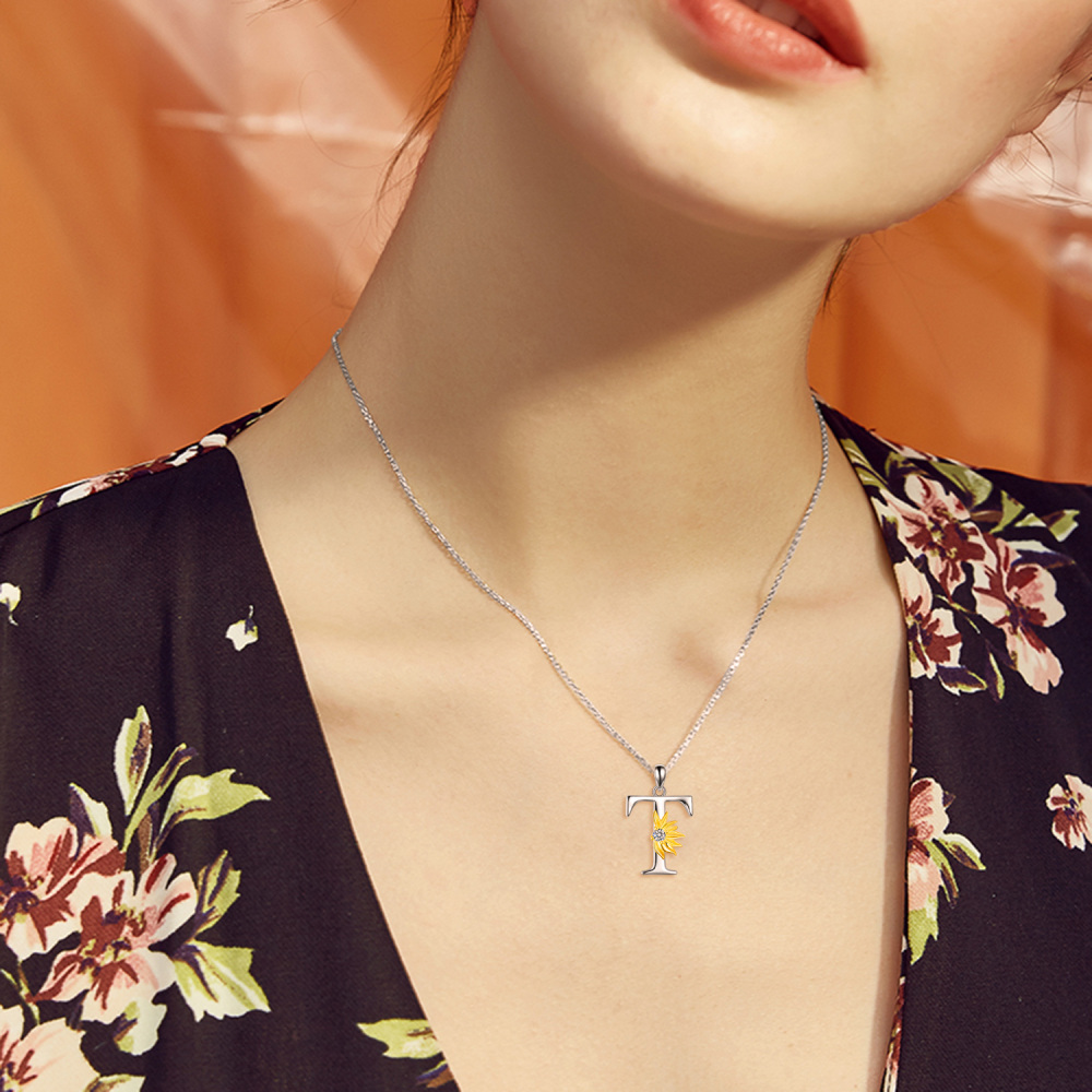 Sterling Silver Two-Tone Circular Cubic Zirconia Personalized Initial Letter T Sunflower Pendant Necklace For Women-2