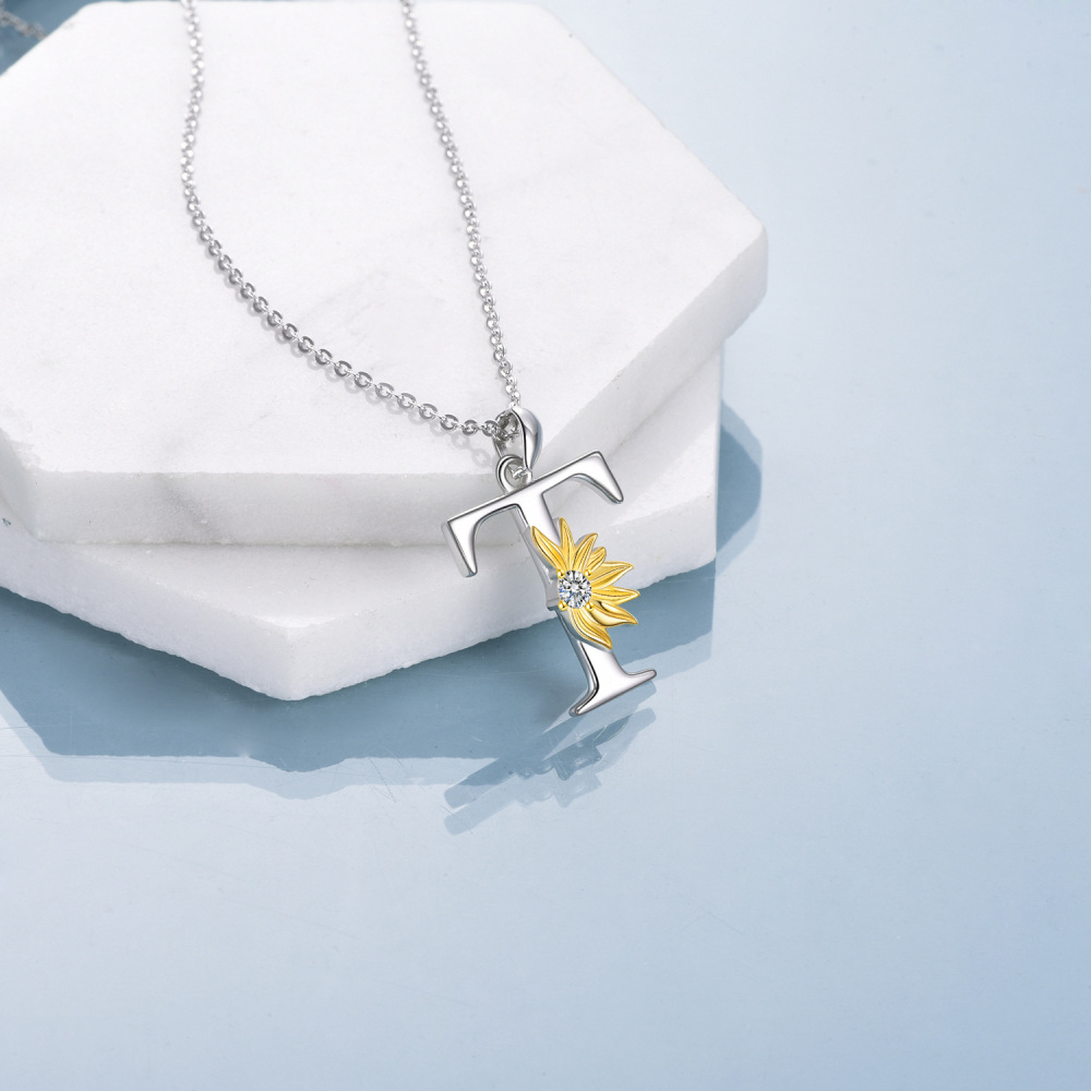 Sterling Silver Two-Tone Circular Cubic Zirconia Personalized Initial Letter T Sunflower Pendant Necklace For Women-3