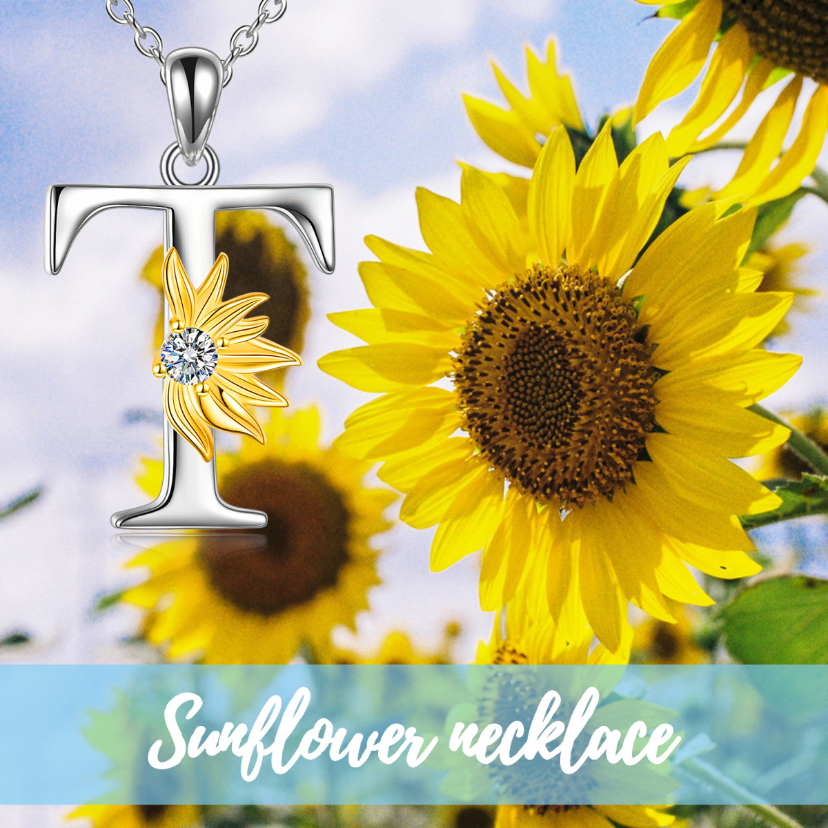 Sterling Silver Two-tone Circular Shaped Cubic Zirconia & Personalized Initial Letter Sunflower Pendant Necklace with Initial Letter T-6