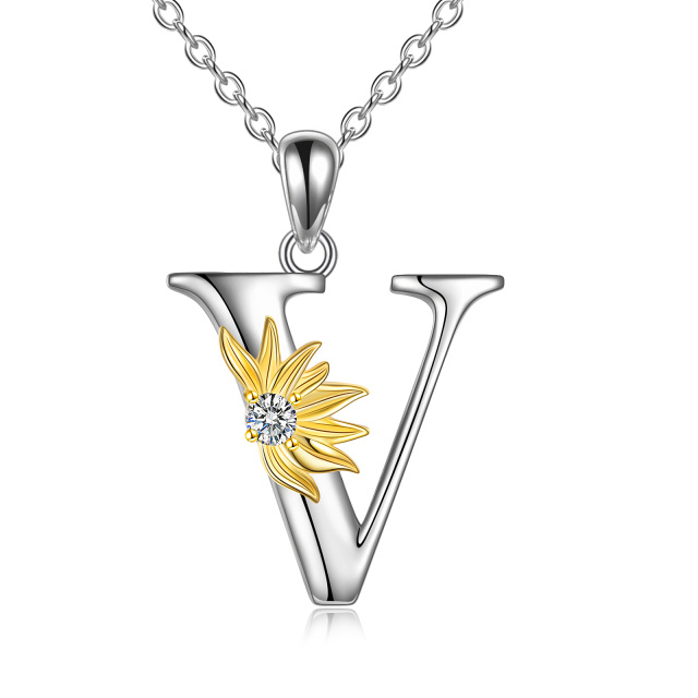 Sterling Silver Two-tone Circular Shaped Cubic Zirconia & Personalized Initial Letter Sunflower Pendant Necklace with Initial Letter V-1