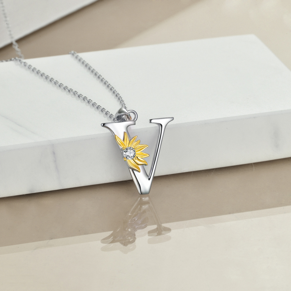 Sterling Silver Two-Tone Circular Cubic Zirconia Personalized Initial Letter V Sunflower Pendant Necklace For Women-3